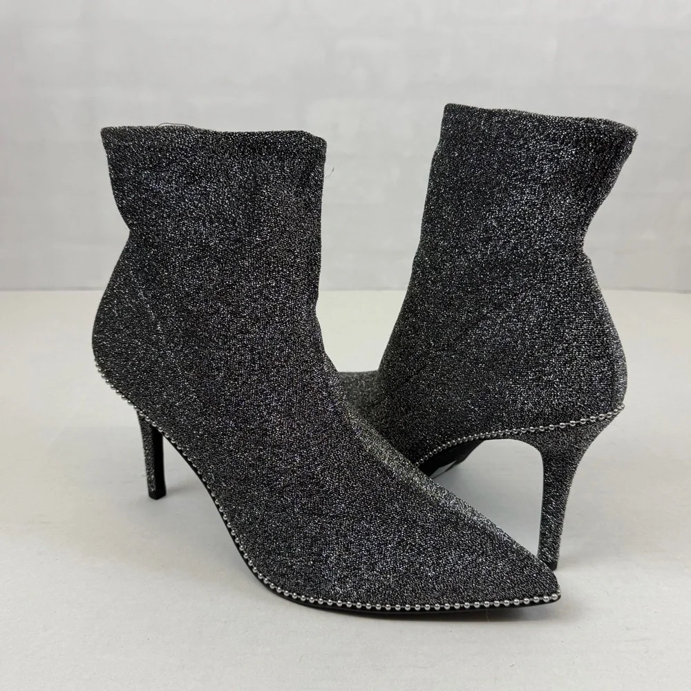 Coach Silver Gray Glitter Stretch Sock Booties Beaded Pointed Toe Heels‎ Size 10